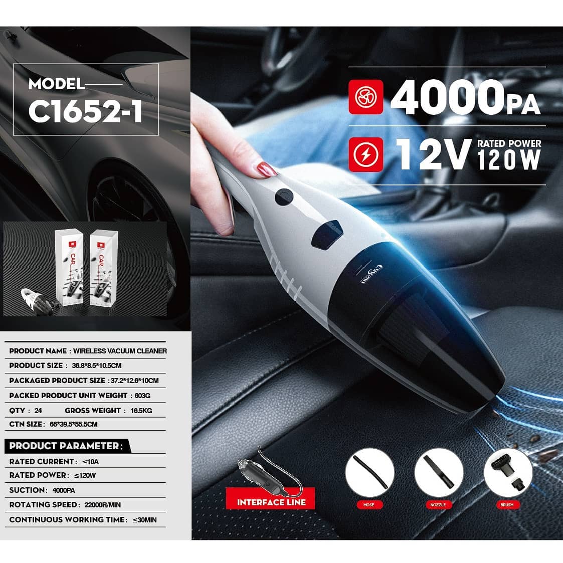 High-Power Car Vacuum Cleaner – 4000Pa Suction, 12V, Wired | Model VC-C1652-1