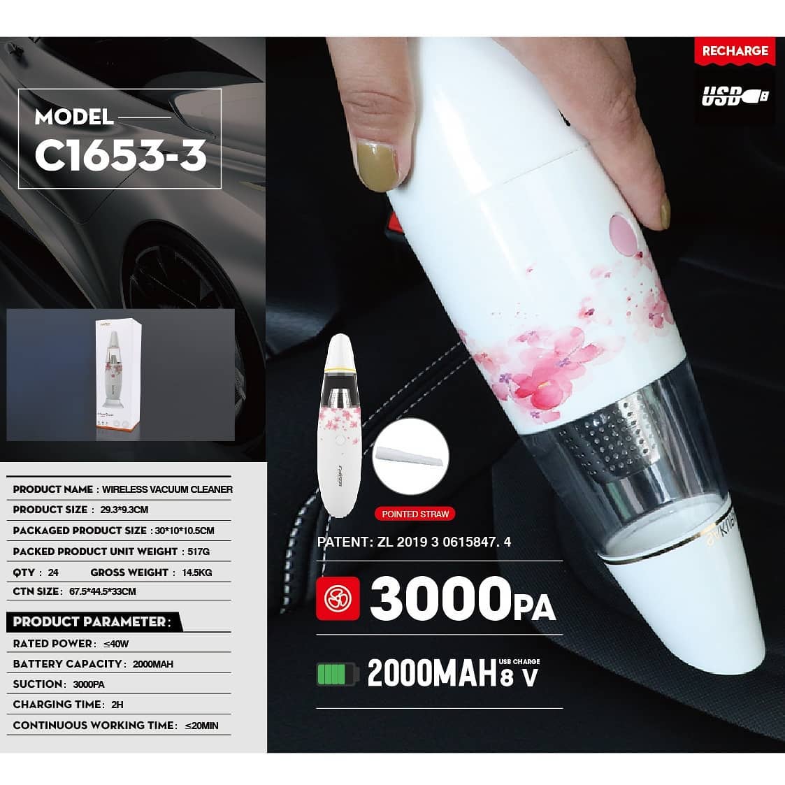 CARSUN Sakura Car Vacuum Cleaner – 4000Pa Suction | Wet & Dry | 12V Plug-in VC-1653-1
