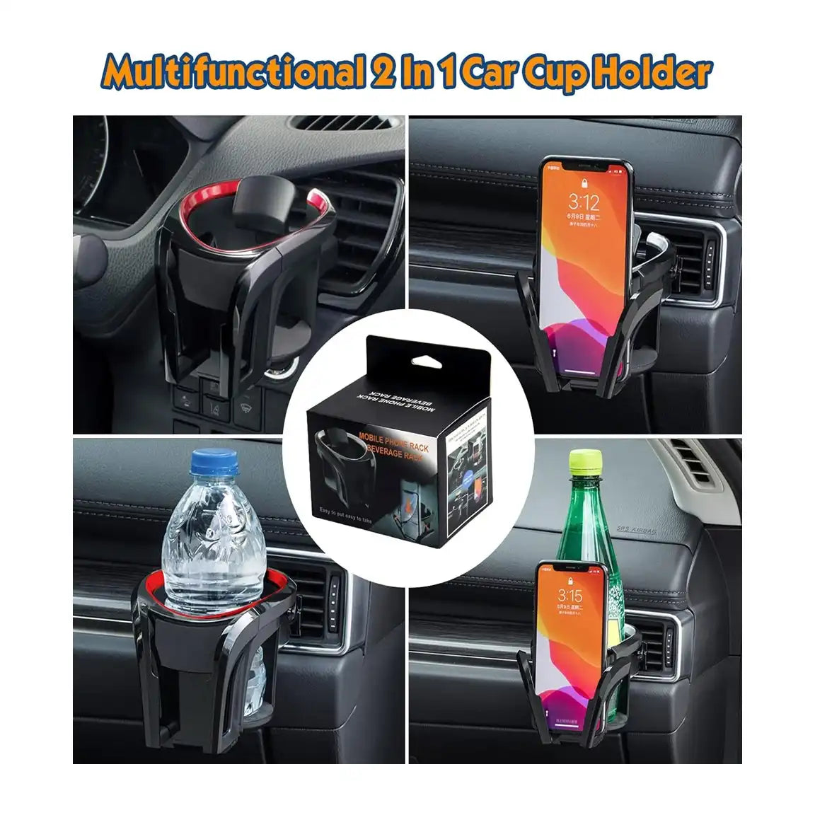 HLD-DRNK-1055 2-in-1 Air Vent Car Cup & Phone Holder – Adjustable Drink Mount with Smartphone Bracket (Black + Red)