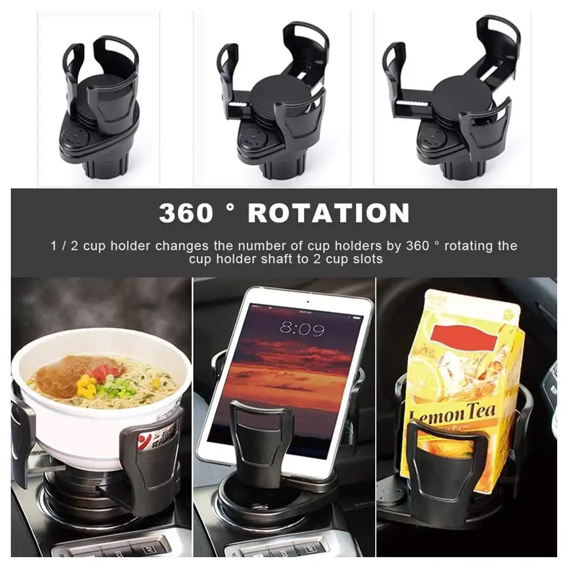 HLD-DRNK-1099 2-in-1 Adjustable Car Cup Holder Expander – Rotatable Dual Drink Holder with Anti-Slip Pad