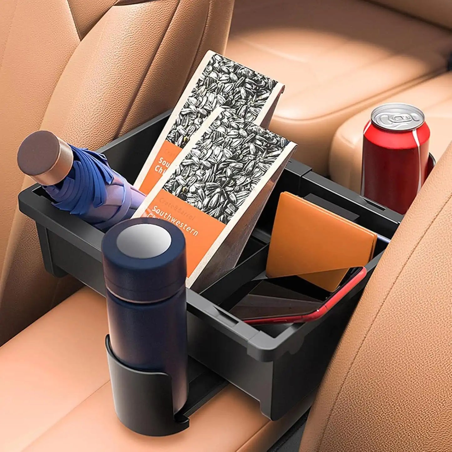 ARM-BOX4 Car Seat Organizer with 2 Cup Holders – Adjustable Storage Box for Cars, Trucks & SUVs