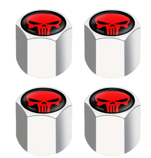 TV-LOGO-3 Set of 4 Zinc Alloy Valve Covers with Rubber O-Rings (Skull Design)