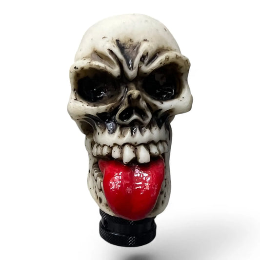 GK-MNL-571-5 Universal Skull Gear Shift Knob with Red Tongue – Bone Color Resin Shifter for Manual & Automatic Cars