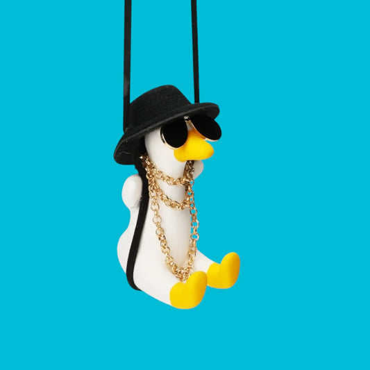 HNG-DCR-2 Cool Swinging Duck Pendant – Flying Duck with Hat, Sunglasses & Gold Chain for Rearview Mirror or Home Decor