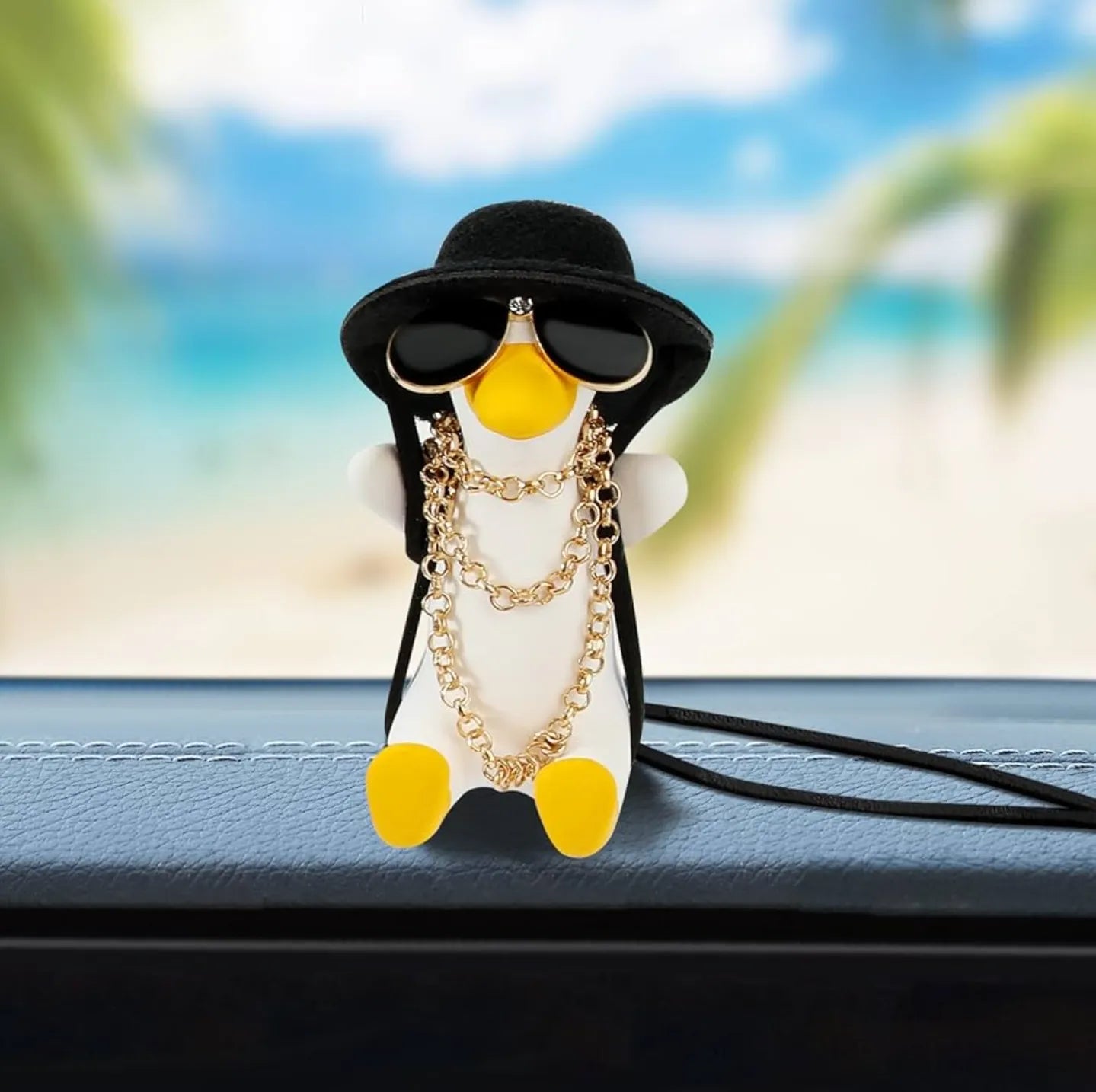HNG-DCR-2 Cool Swinging Duck Pendant – Flying Duck with Hat, Sunglasses & Gold Chain for Rearview Mirror or Home Decor
