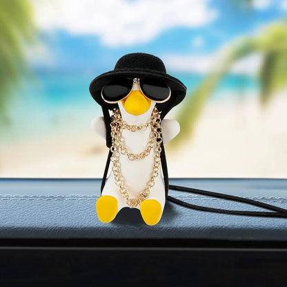 HNG-DCR-2 Cool Swinging Duck Pendant – Flying Duck with Hat, Sunglasses & Gold Chain for Rearview Mirror or Home Decor