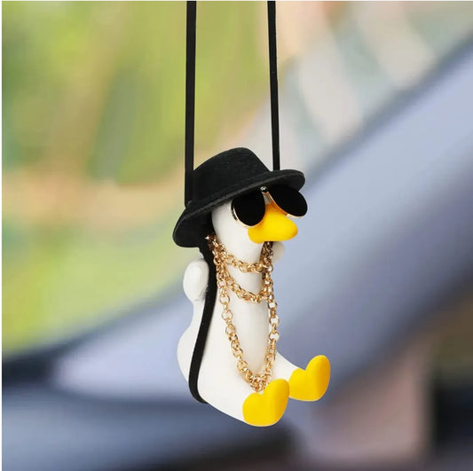 HNG-DCR-2 Cool Swinging Duck Pendant – Flying Duck with Hat, Sunglasses & Gold Chain for Rearview Mirror or Home Decor