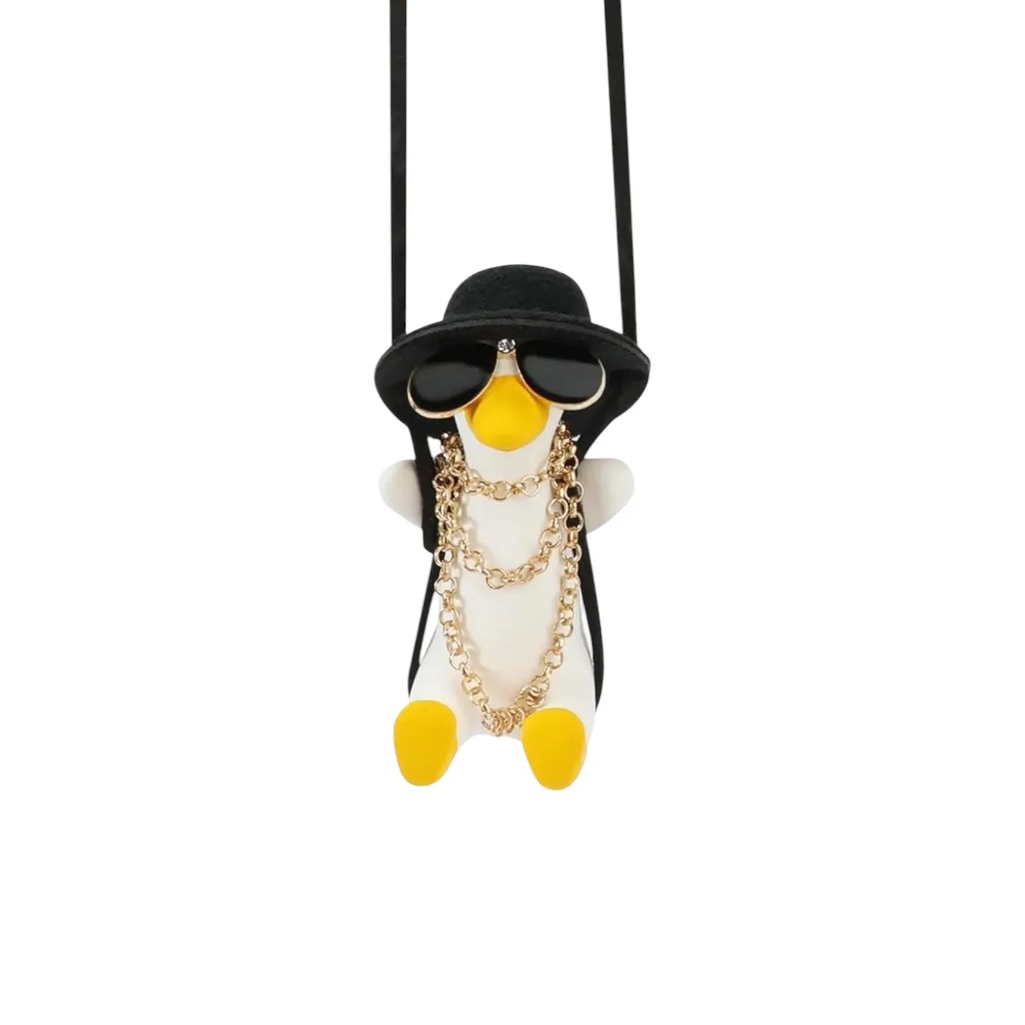 HNG-DCR-2 Cool Swinging Duck Pendant – Flying Duck with Hat, Sunglasses & Gold Chain for Rearview Mirror or Home Decor