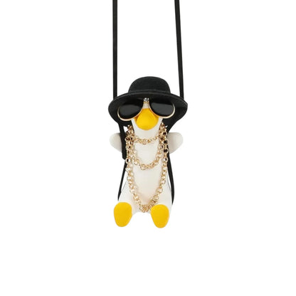 HNG-DCR-2 Cool Swinging Duck Pendant – Flying Duck with Hat, Sunglasses & Gold Chain for Rearview Mirror or Home Decor
