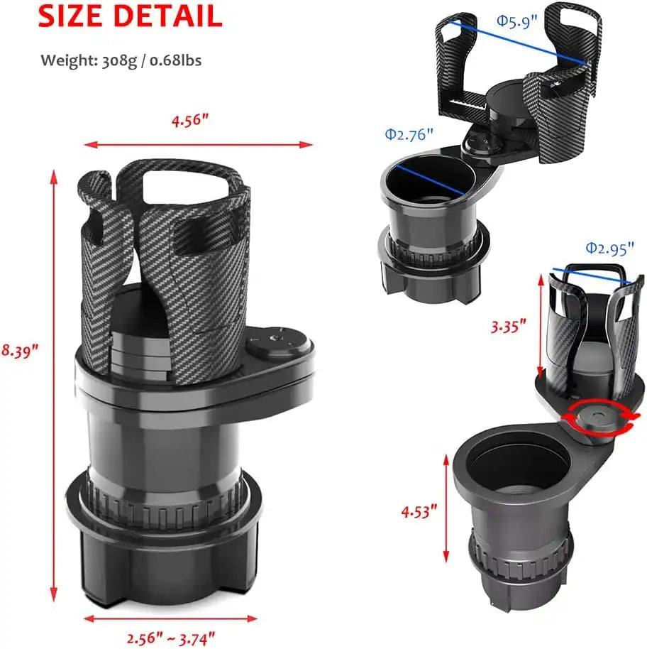 HLD-DRNK2388 2-in-1 Universal Car Cup Holder Expander – Adjustable Dual Drink Mount with Rotating Base