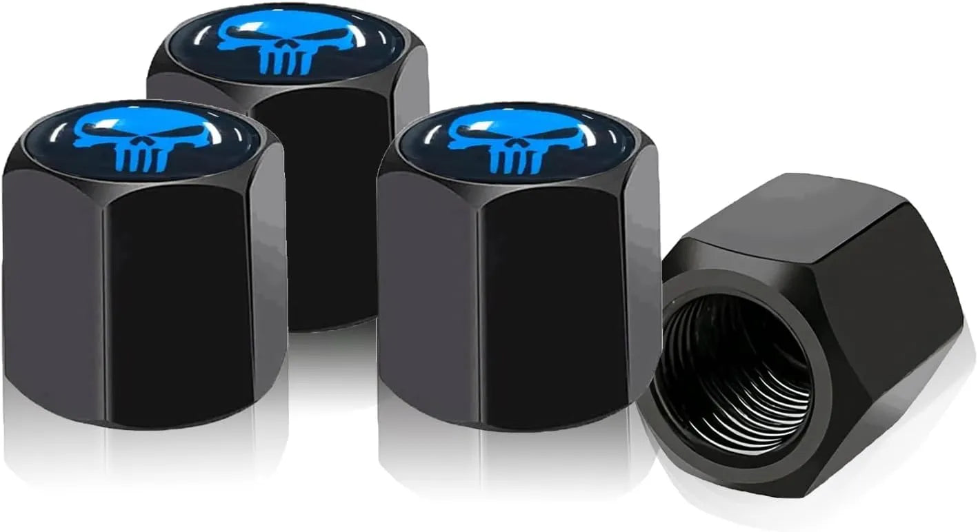 TV-LOGO-3 Set of 4 Zinc Alloy Valve Covers with Rubber O-Rings (Skull Design)