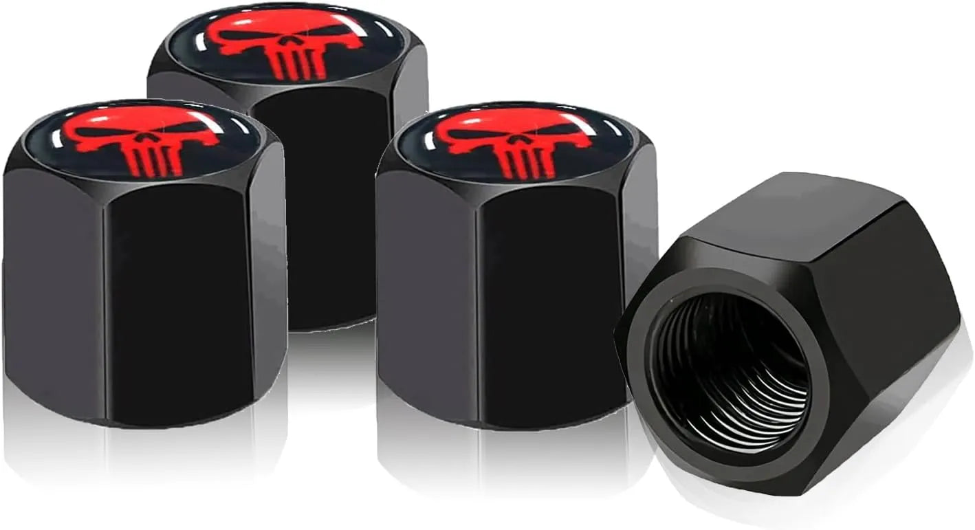 TV-LOGO-3 Set of 4 Zinc Alloy Valve Covers with Rubber O-Rings (Skull Design)