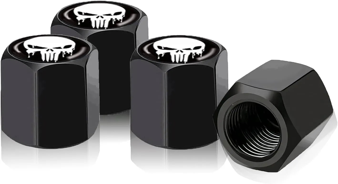TV-LOGO-3 Set of 4 Zinc Alloy Valve Covers with Rubber O-Rings (Skull Design)
