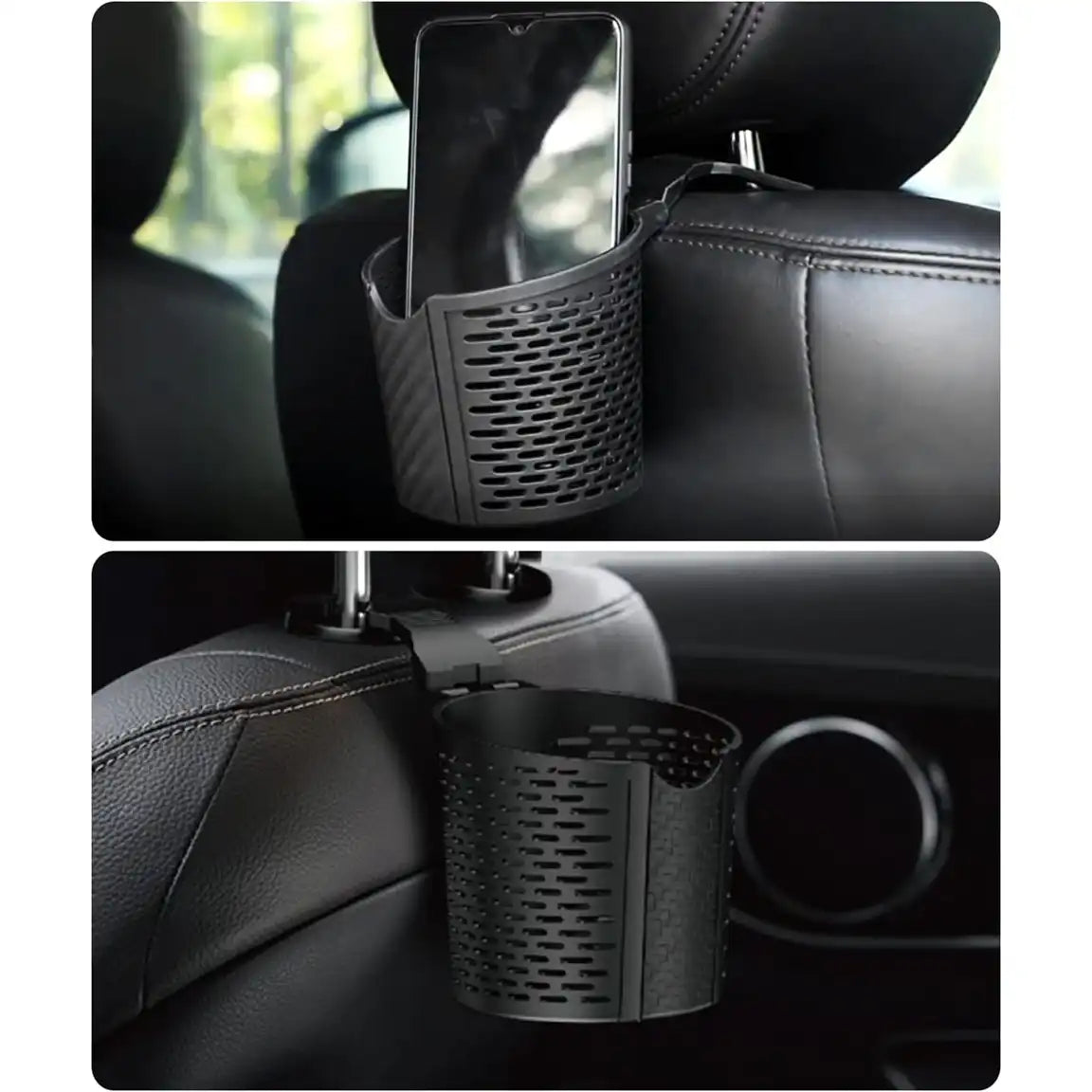 HLD-DRNK-C1743 Universal Car Backseat Cup & Storage Holder – Headrest Hanging Organizer