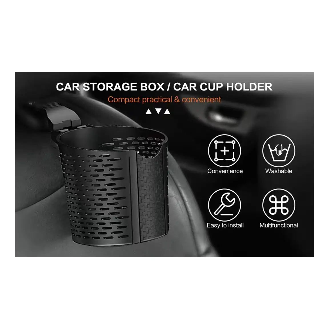 HLD-DRNK-C1743 Universal Car Backseat Cup & Storage Holder – Headrest Hanging Organizer