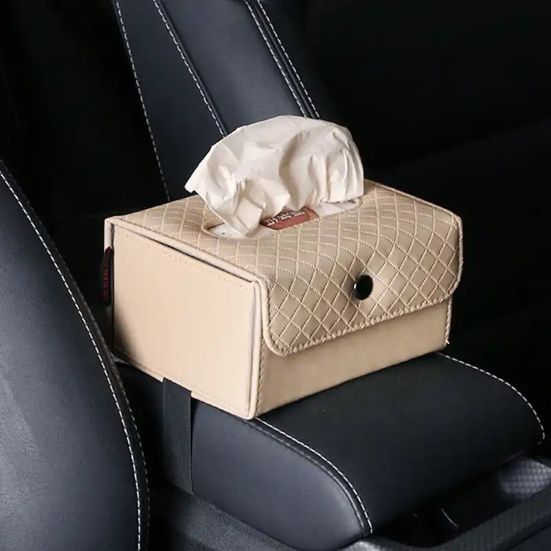 Premium Quilted Leather Car Tissue Box Holder