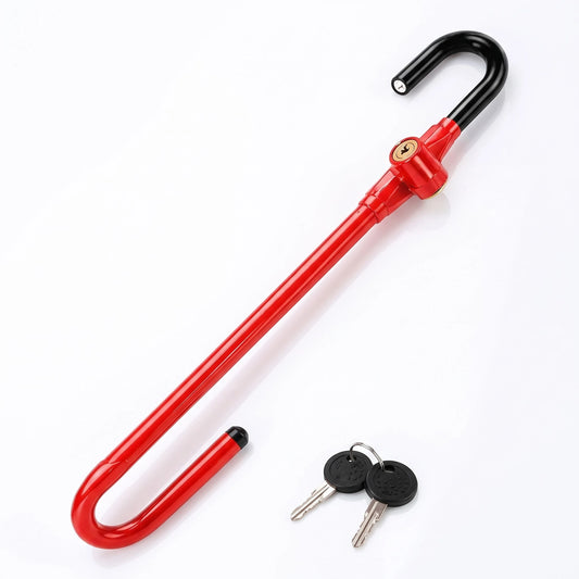 A red U-shaped umbrella steering lock with a black handle and two keys, shown on a plain white background.